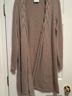 Cashmere Cable-Trim Open Front Women’s long sweater Cardigan - Taupe